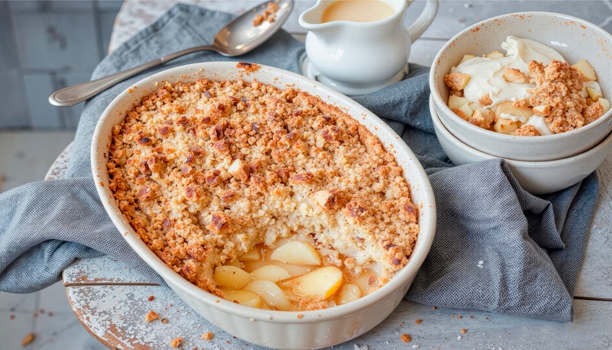 Homemade apple crumble recipe with a golden brown crust, filled with warm cinnamon-spiced apples.