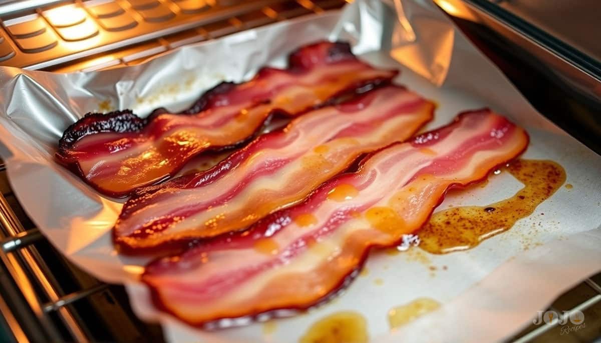 Bacon slices baking in the oven until golden and crispy Crispy bacon slices cooking on a foil-lined baking sheet inside an oven