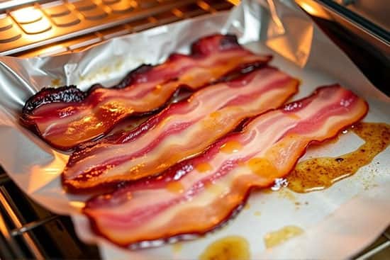 Oven-roasted bacon cooking to perfection on a parchment-lined tray Sizzling strips of bacon roasting on parchment paper in a hot oven