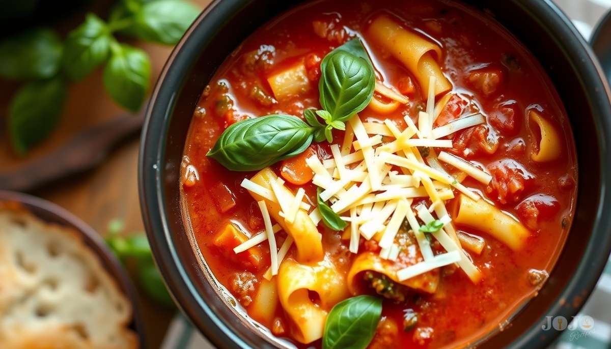 Bowl of Crockpot lasagna soup topped with melted cheese and fresh basil, served with slices of bread on a blue checkered napkin