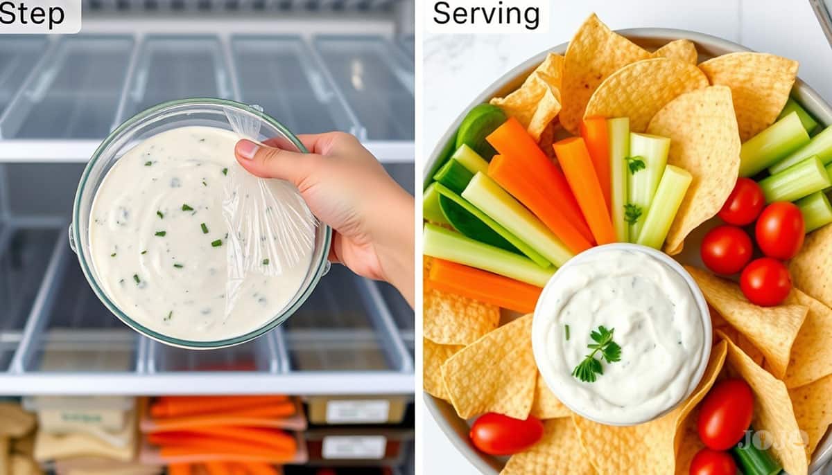 A bowl of chilled Hidden Valley Ranch Dip garnished with herbs, served with vegetables and chips