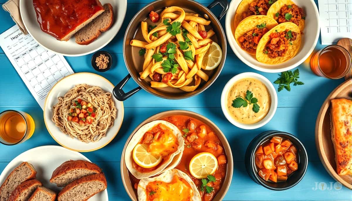 Easy dinner recipes including pasta, tacos, meatloaf, and soup on a blue table with a weekly meal planner