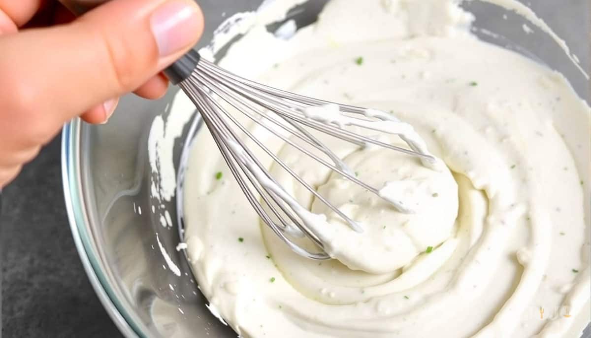 Mixing Hidden Valley Ranch Dip with a spoon until smooth and creamy, no lumps visible