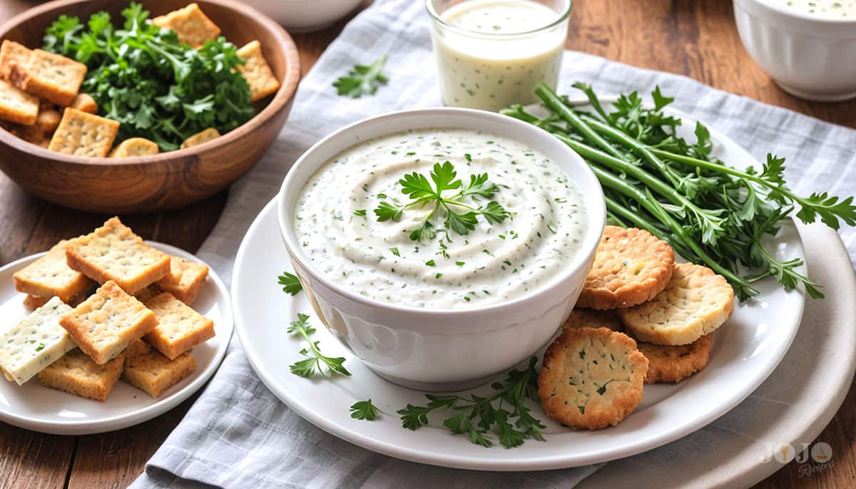 Homemade Hidden Valley Ranch Dip Recipe with Veggies Bowl of creamy Hidden Valley Ranch dip recipe surrounded by fresh vegetables