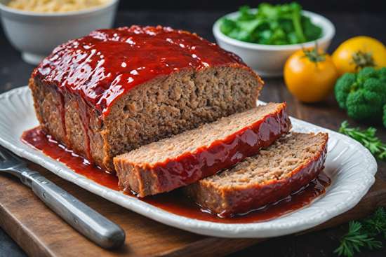 Juicy meatloaf topped with red glaze, served on a rustic table with vegetables in the background