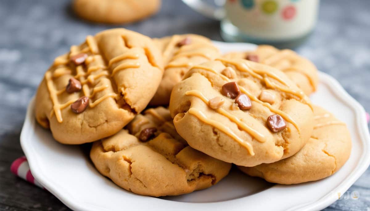 Soft and chewy peanut butter cookies drizzled with sweet topping and candy pieces Freshly baked peanut butter cookies topped with chocolate and peanut chips on a white plate
