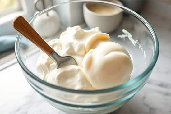 A glass bowl with sour cream and mayonnaise side by side, ready to be mixed.