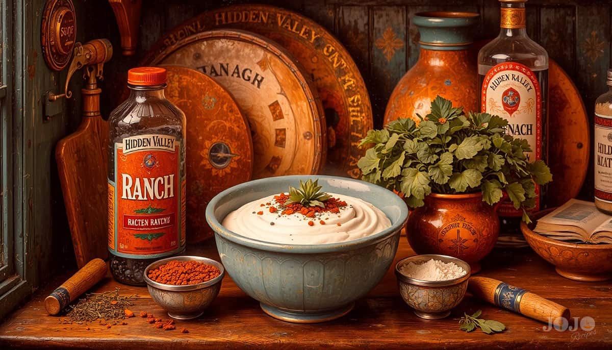 A vintage-style kitchen scene with a bowl of ranch dip, herbs, and ingredients inspired by the original hidden valley ranch in California