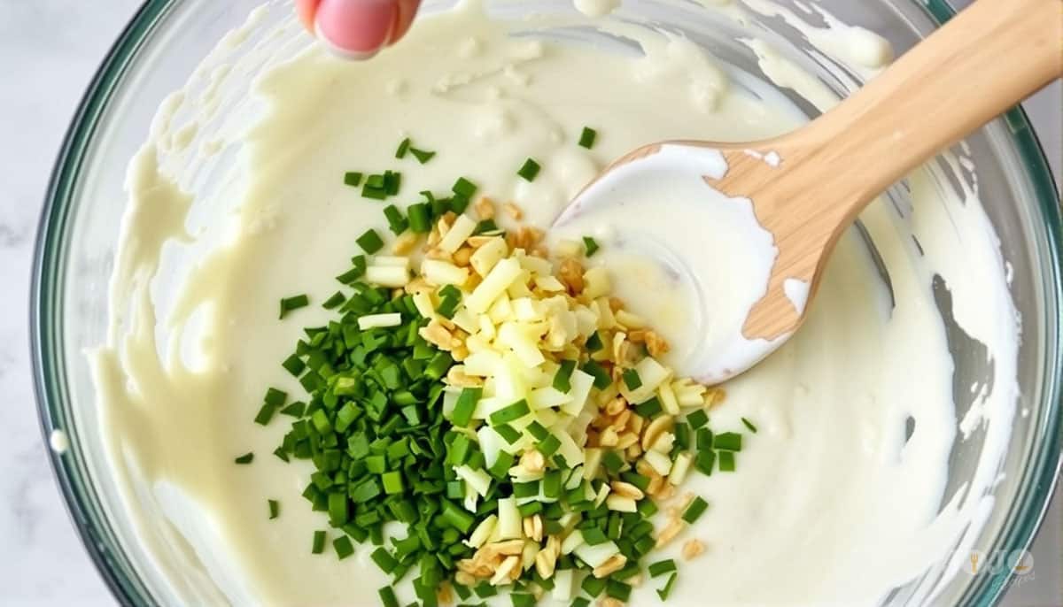 A hand sprinkling hidden valley ranch dressin seasoning mix into the bowl with sour cream and mayo