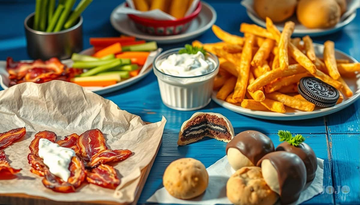 Snack recipes displayed in a beautiful homemade spread with sweet and savory treats Delicious homemade snack recipes arranged on a rustic table, including sweet and savory options like cookies, bacon, ranch dip, and jicama fries.