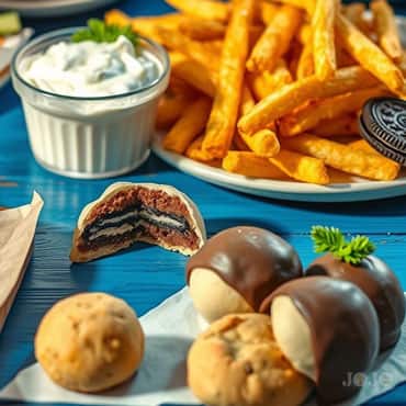 Homemade snacks served on a wooden table with a mix of sweet and savory favorites Snack spread featuring top-rated foods like bacon, peanut butter cookies, jicama fries, ranch dip, Oreo truffles, and cheddar biscuits on a  table.