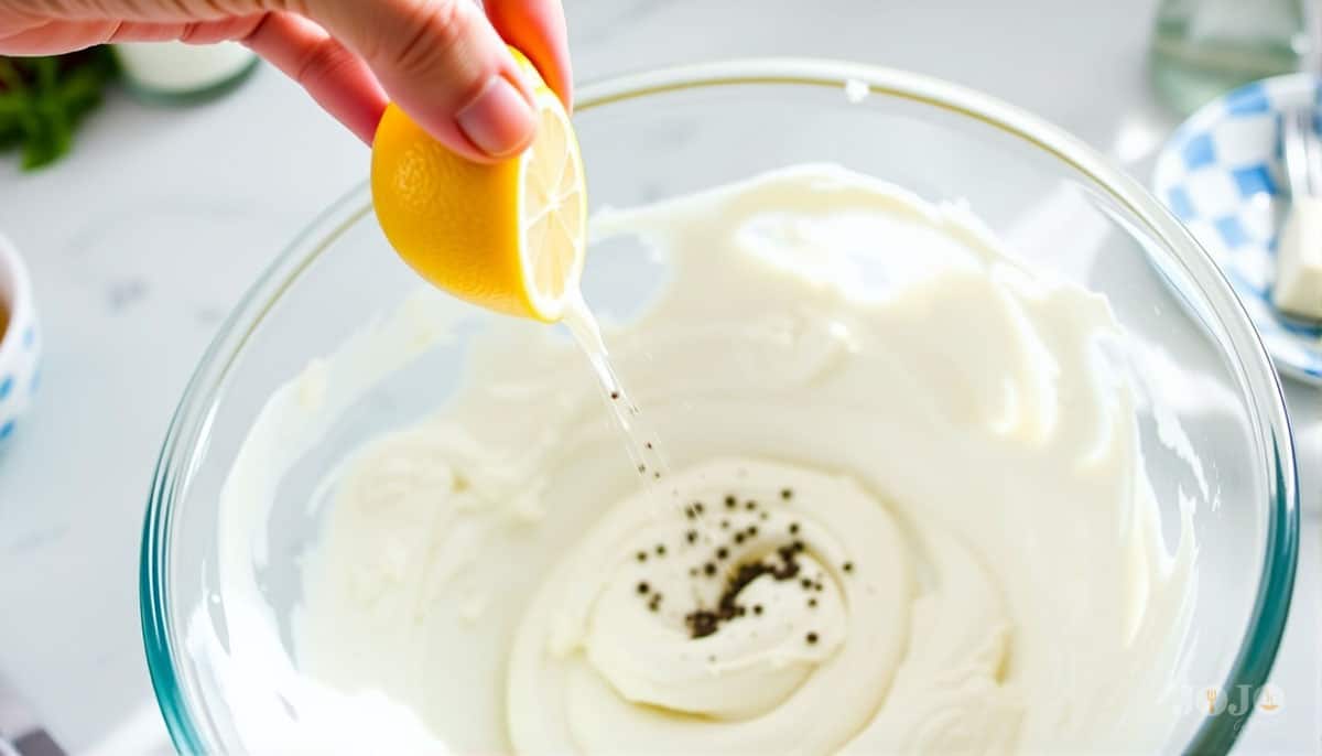 Adding lemon juice and black pepper to Hidden Valley Ranch Dip for extra flavor, with cream cheese and buttermilk on the side