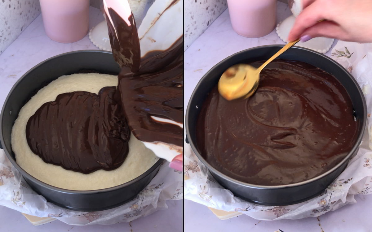 Step 7 – Add the ganache layer: pouring smooth chocolate ganache over the coconut filling and spreading it evenly to create the glossy top of the pie.