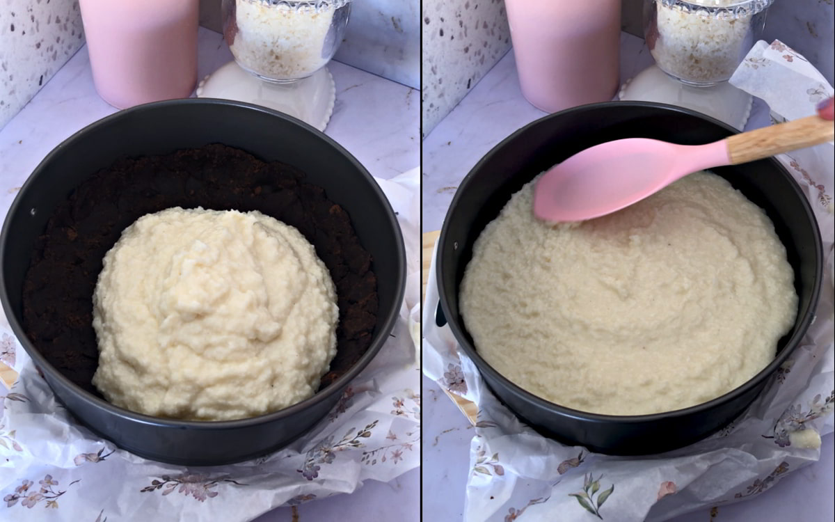 Step 5 – Create the coconut milk layer: pouring the warm coconut cream over the chocolate base and spreading it evenly to form the second layer of the pie.