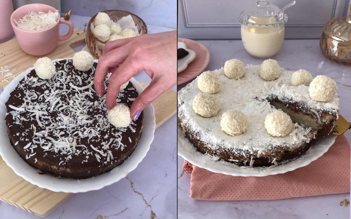Step 9 – Decorate and serve: sprinkling shredded coconut and arranging coconut truffles on top of the pie for a soft, elegant finish before serving.