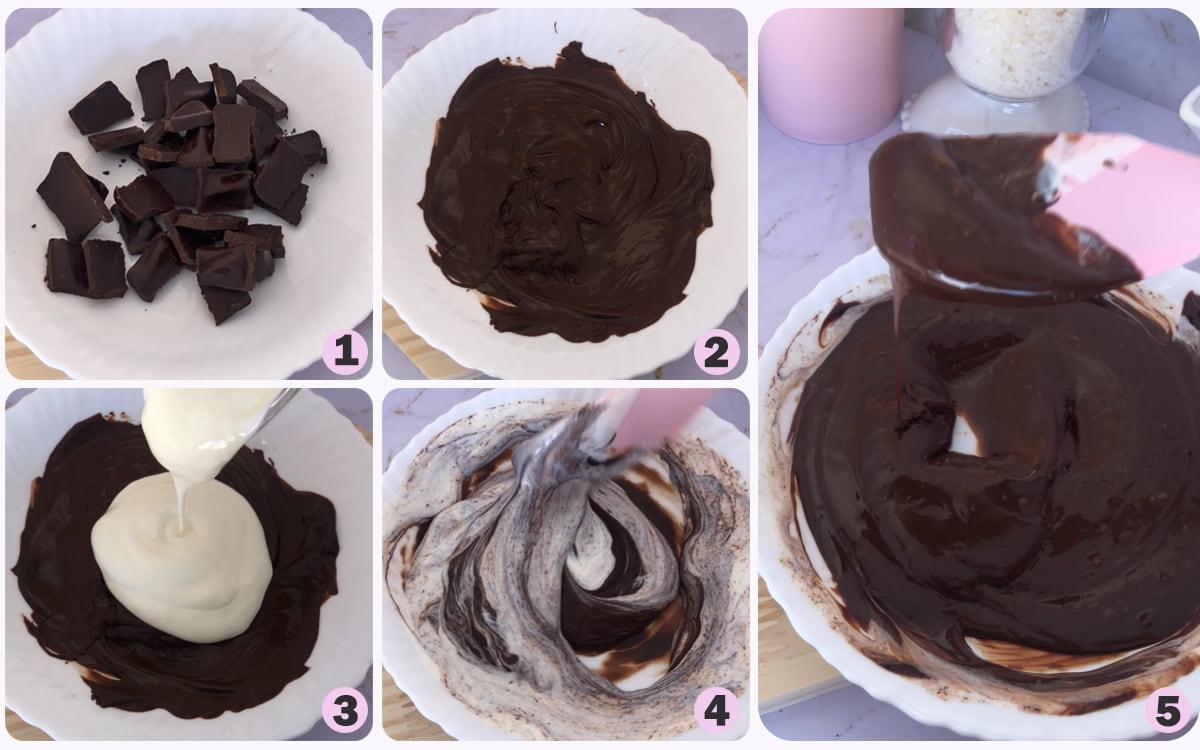 Step 6 – Make the chocolate ganache: melting chocolate, adding heavy cream, and stirring until smooth, shiny, and perfectly blended for the coconut cream pie.