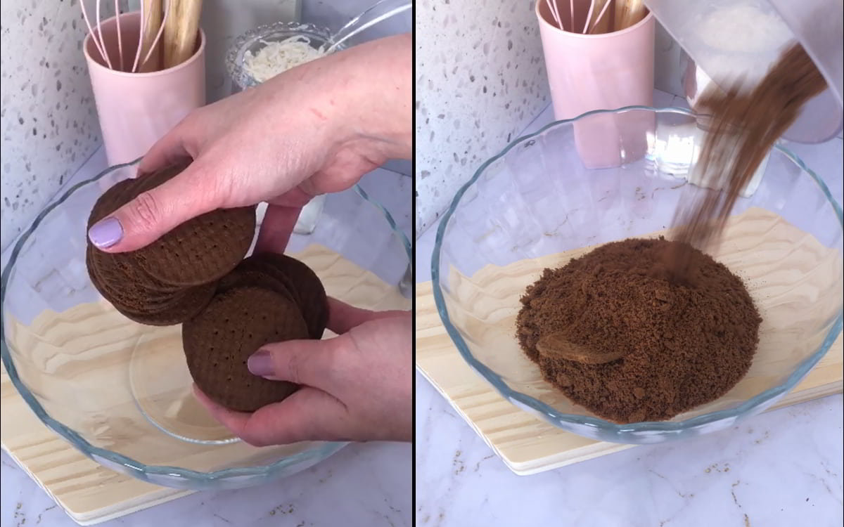 Step 1 – Prepare the soft graham cracker base: adding chocolate graham cookies to a bowl and blending into fine crumbs for the coconut cream pie.