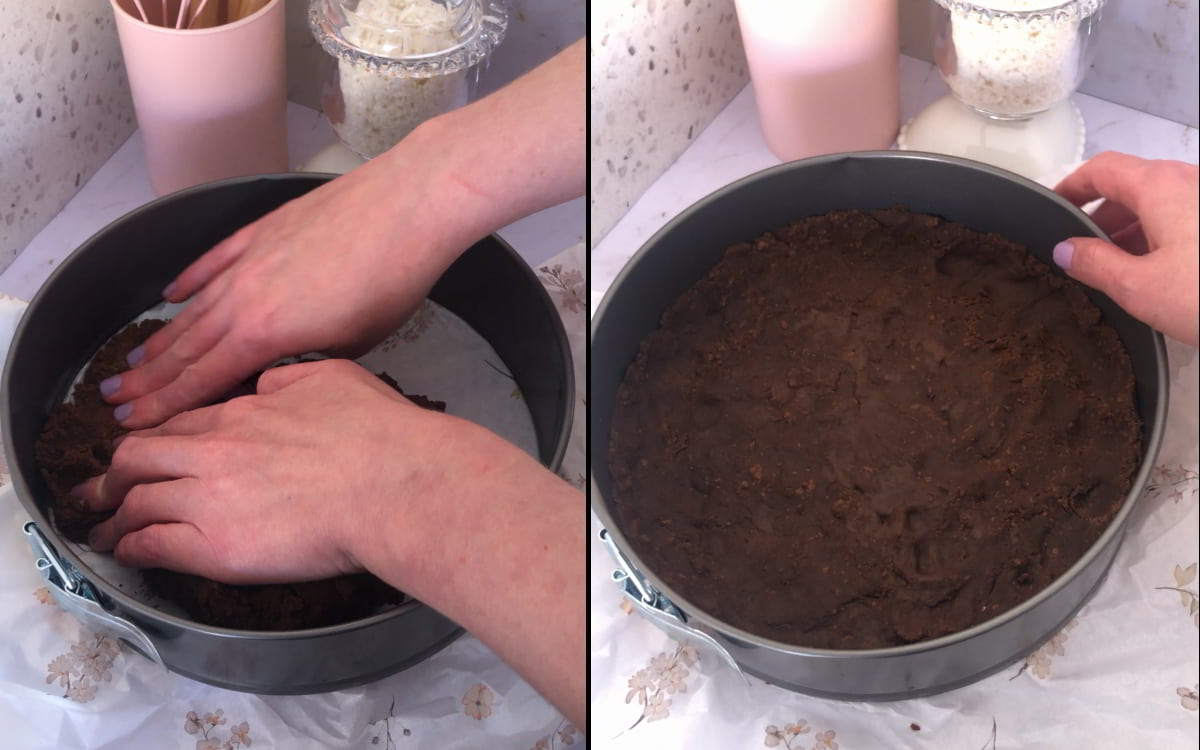 Step 3 – Shape the base: pressing the soft cookie mixture evenly into the bottom and sides of the pan to form the foundation for the coconut cream pie.