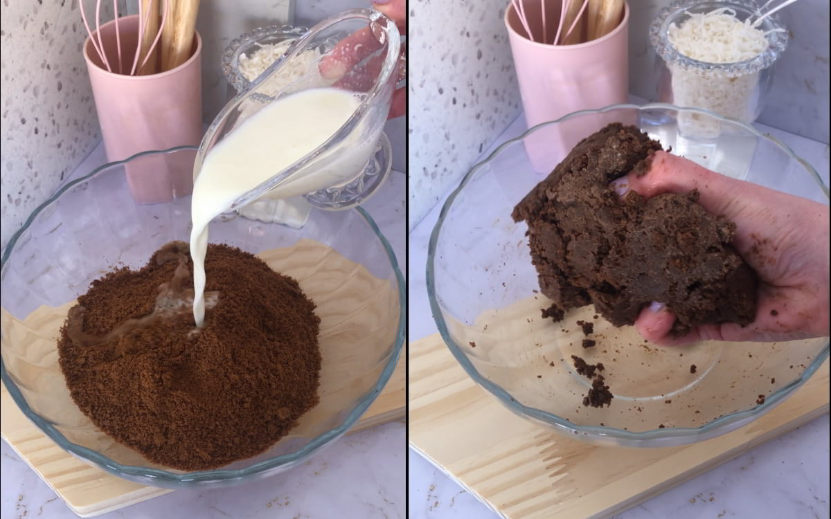 Combine the cookie crumbs with milk by hand until the mixture turns soft and dough-like for the coconut cream pie base.