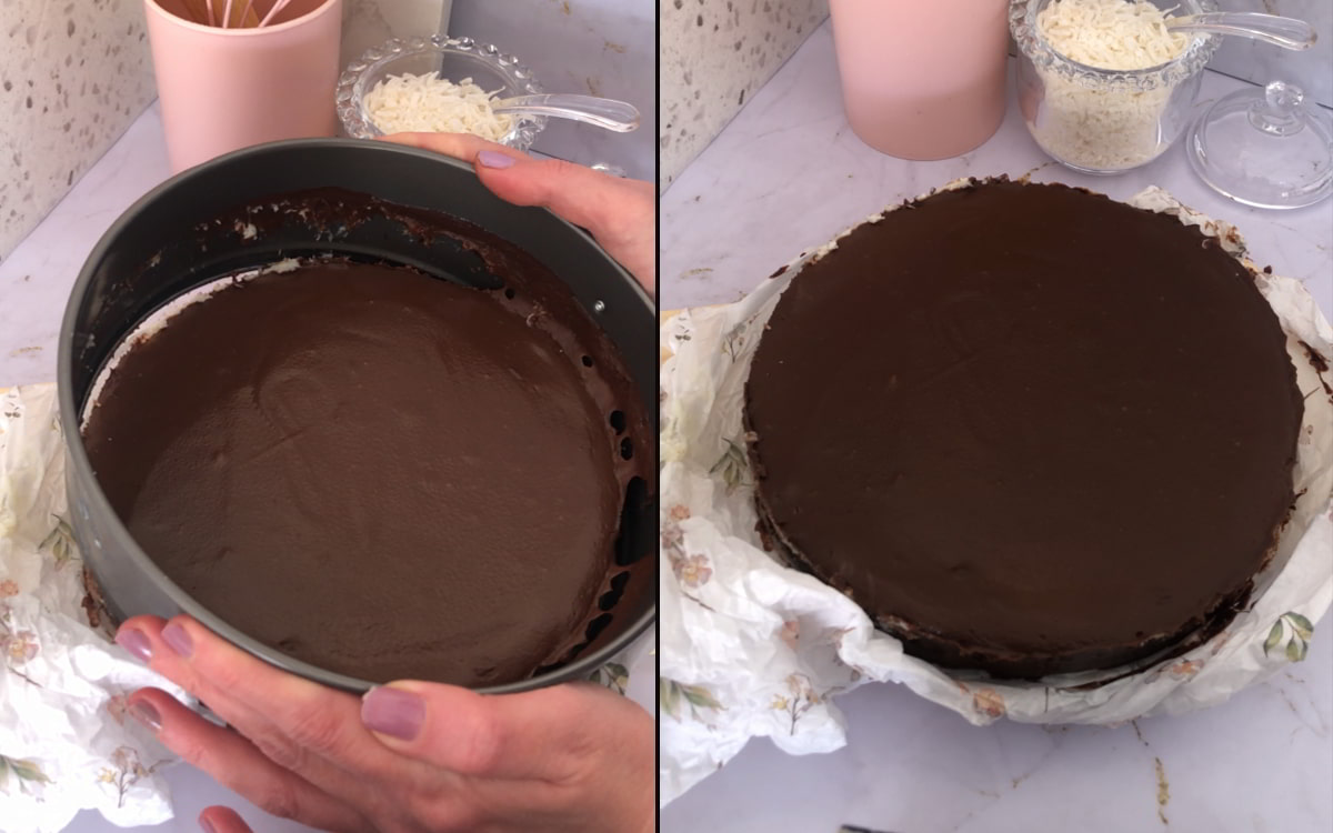 Step 8 – Unmold and reveal the pie: releasing the sides of the springform pan to reveal the glossy chocolate ganache and smooth coconut layers beneath.