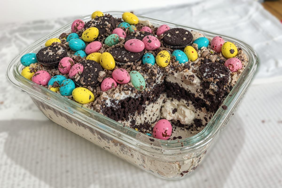 Easter dirt cake casserole topped with pastel candies and crushed Oreos