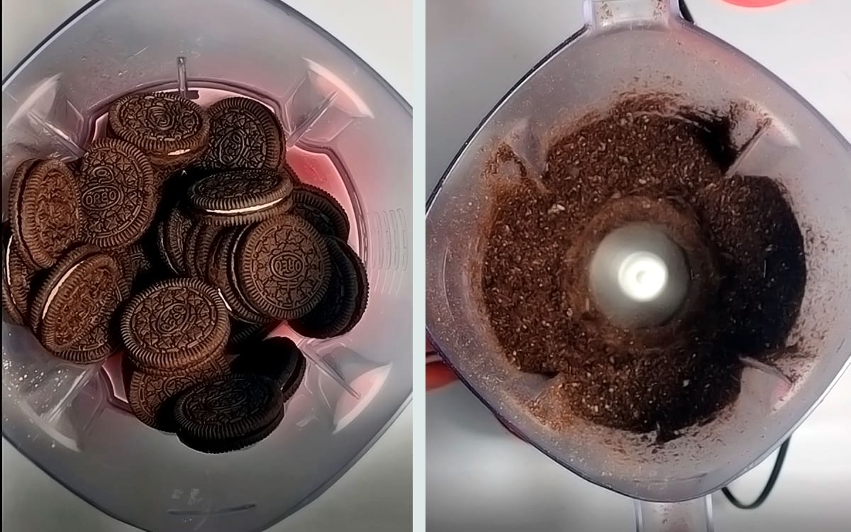Step 1 how to make dirt cake – crushing Oreo cookies for the base