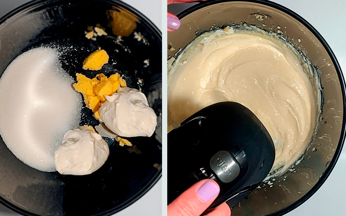 Step 2 how to make dirt cake – mixing cream cheese, pudding, and whipped topping