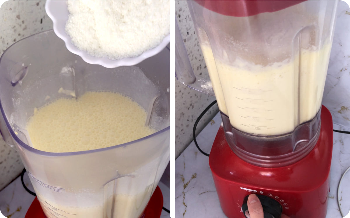 Adding shredded coconut to blender batter for easy coconut cake