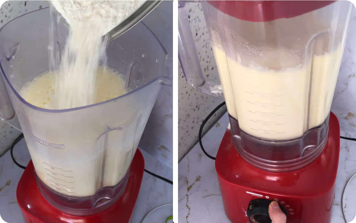 Adding flour to the blender for easy coconut cake batter