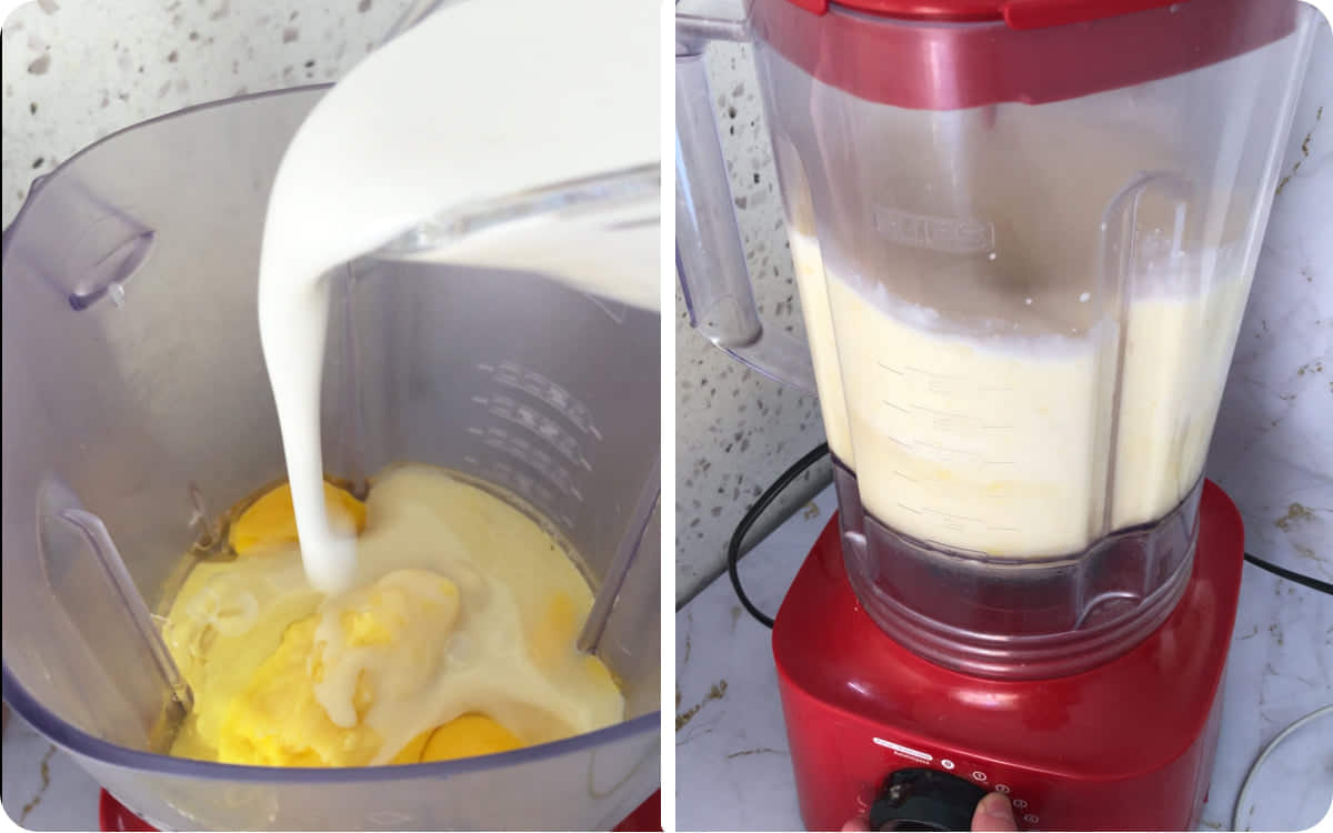Blending eggs butter and coconut milk in a blender for coconut cake batter