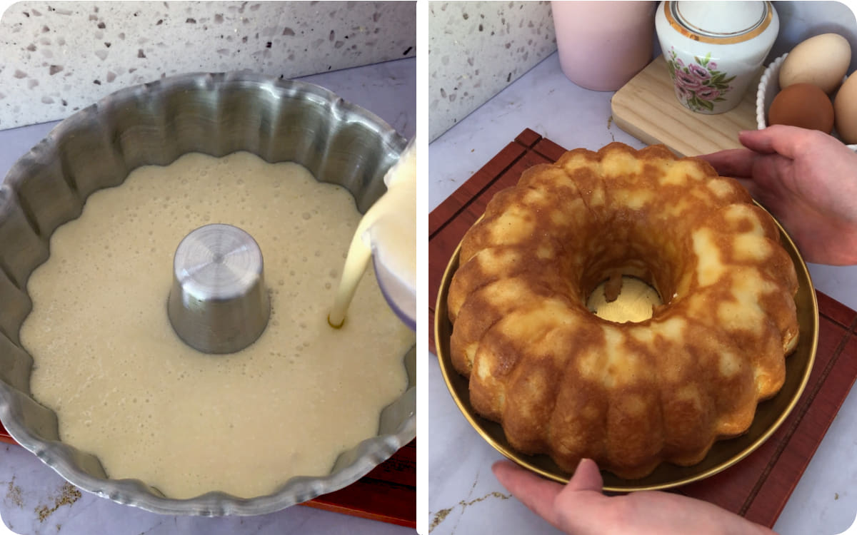 Pouring easy coconut cake batter into a bundt pan before baking