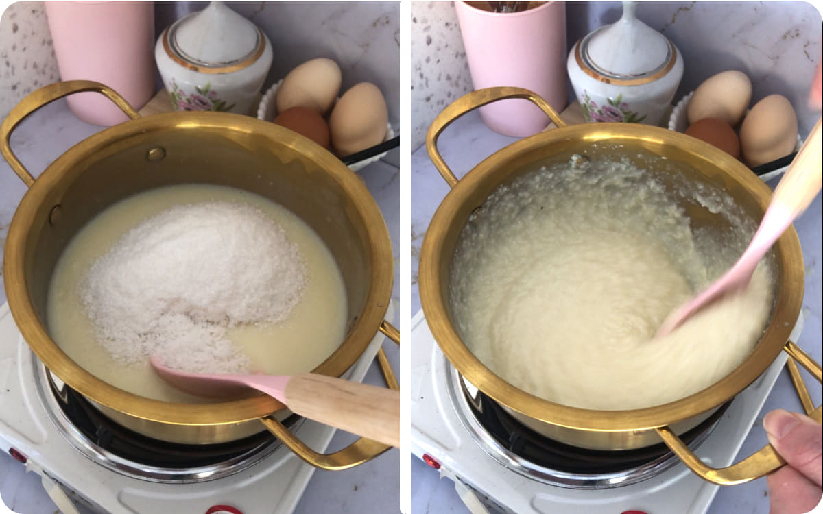 Cooking coconut topping with condensed milk and shredded coconut for easy coconut cake