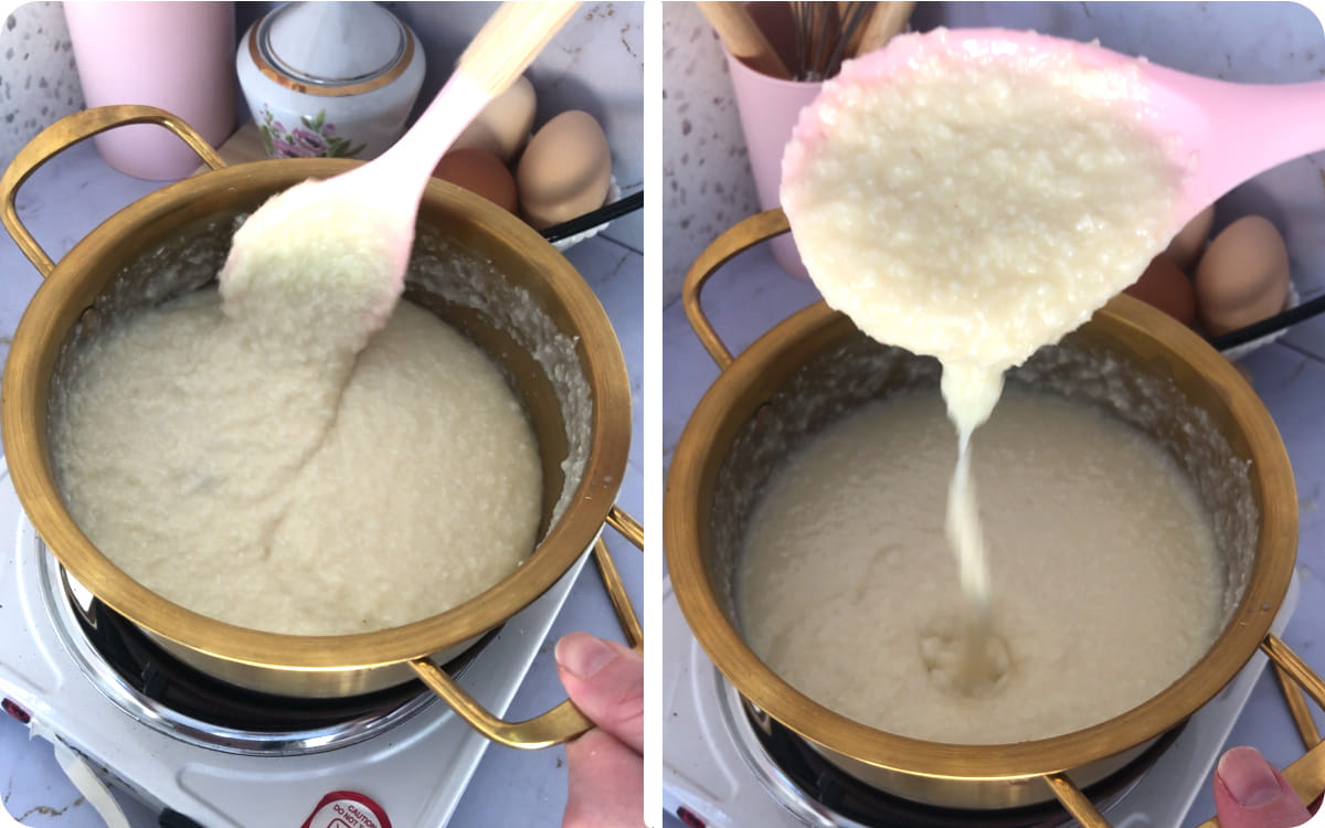 Creamy coconut topping thickening in a saucepan for easy coconut cake