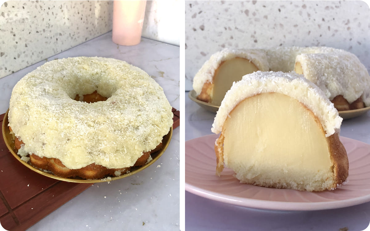 Slice of easy coconut cake with creamy coconut topping