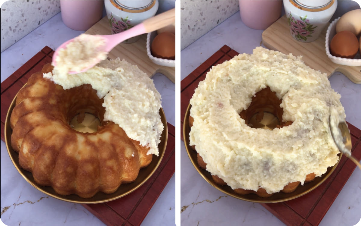 Spreading creamy coconut topping over easy coconut cake