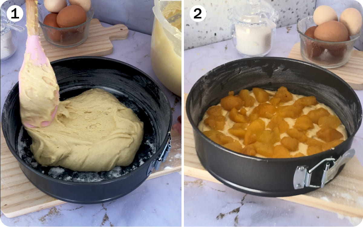 Assembling peach cake recipe before baking with sliced peaches on top