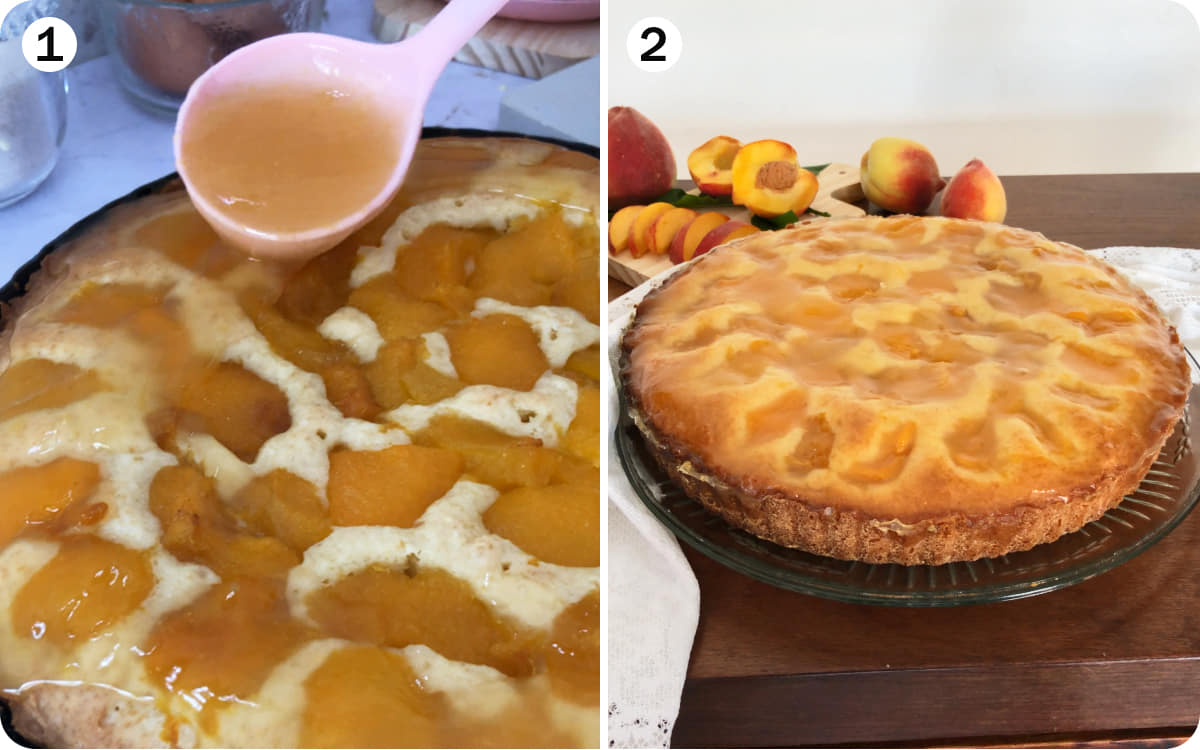 Pouring warm peach glaze over baked peach cake recipe