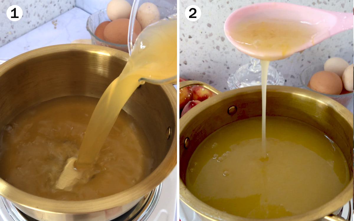 Making glossy peach glaze for peach cake recipe with fresh peach syrup