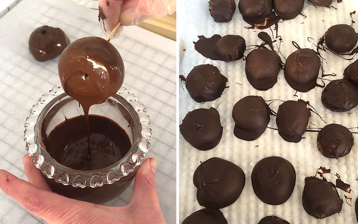 Peanut butter balls dipped in melted semi-sweet chocolate to create a smooth chocolate coating around the creamy peanut butter filling