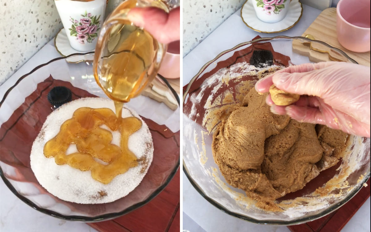 Making peanut butter balls filling by mixing creamy peanut butter, honey, and almond flour until thick enough to shape