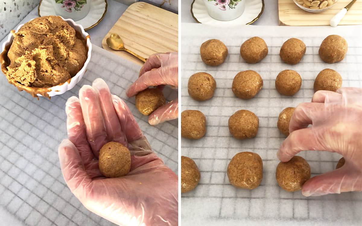 Shaping homemade peanut butter balls by rolling chilled peanut butter filling into smooth balls before dipping them in chocolate