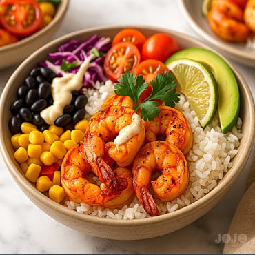 Cajun shrimp bowl recipe with rice, black beans, corn, avocado, and creamy sauce