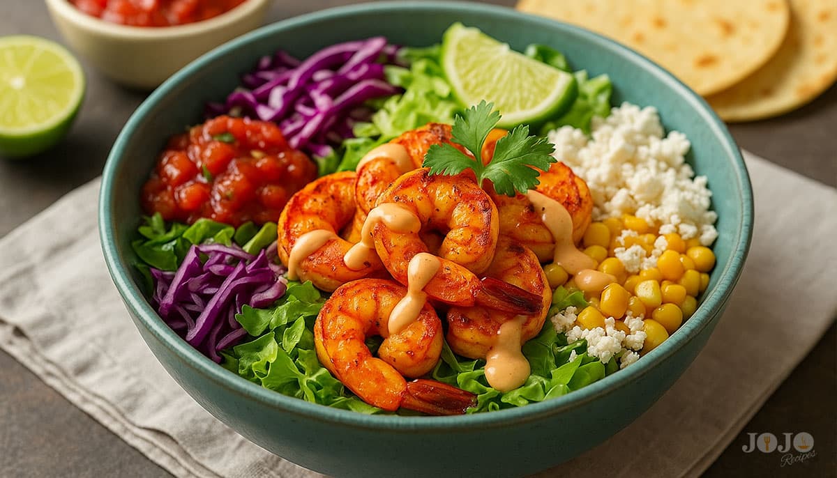Shrimp taco bowl recipe with romaine lettuce, red cabbage, corn, salsa, queso fresco, and chipotle dressing
