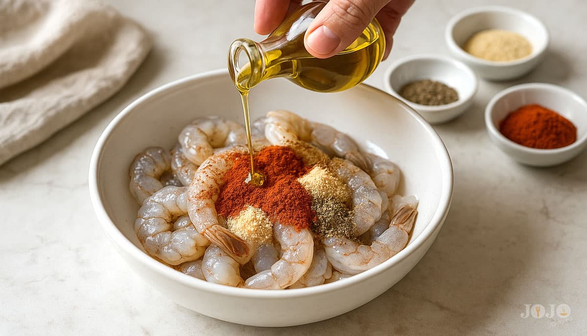 Seasoning raw shrimp with Cajun spices and pouring olive oil into a white bowl