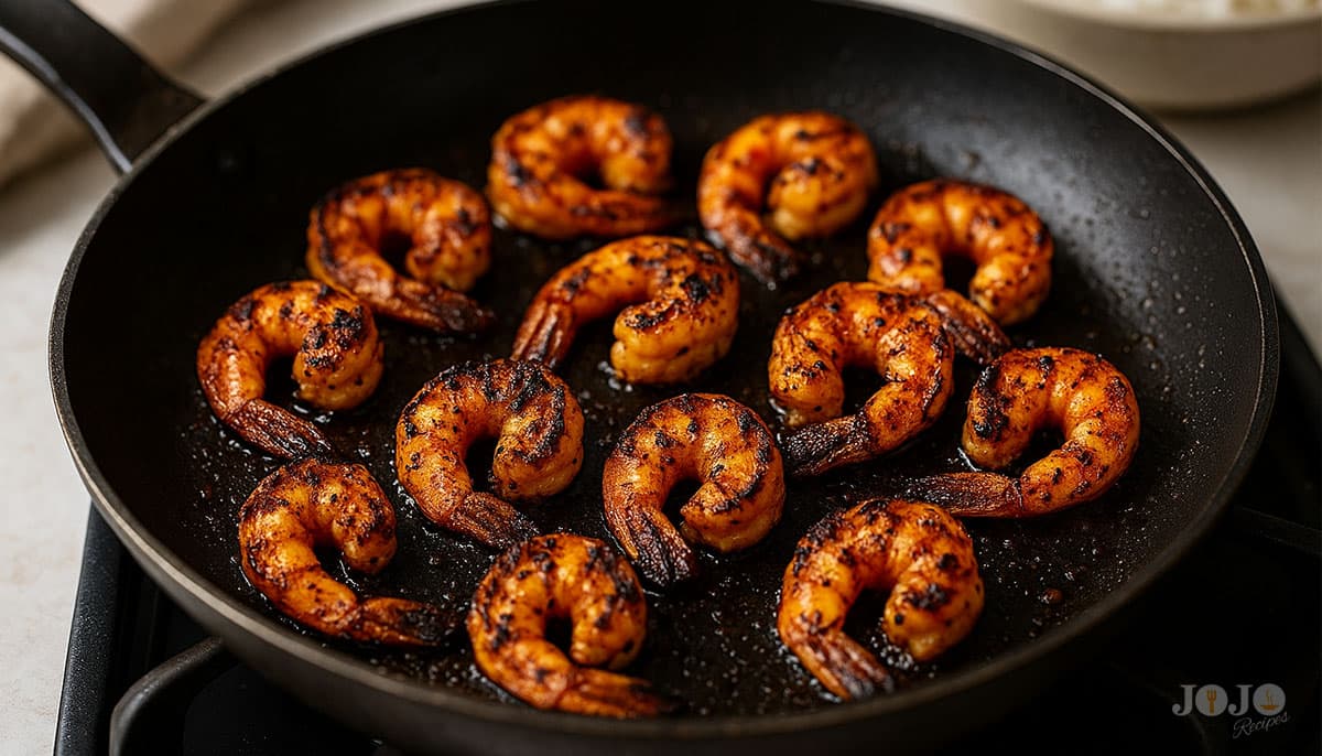 Blackened Cajun shrimp cooking in a hot skillet