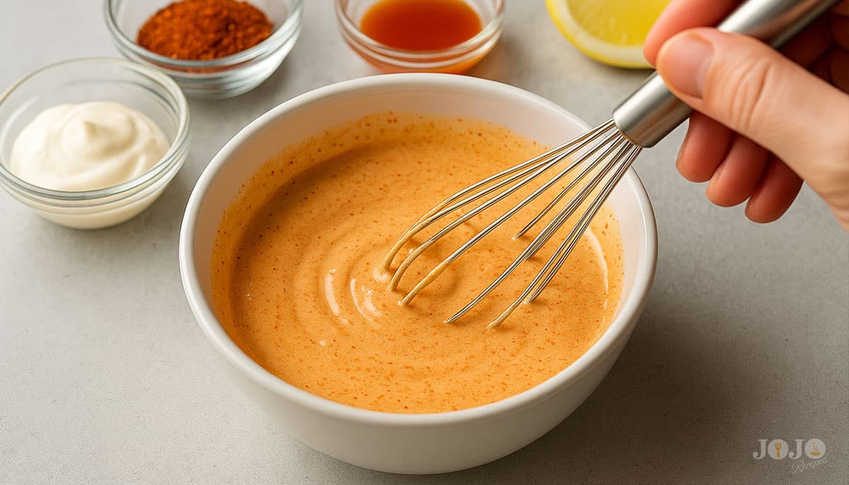 Whisking creamy Cajun sauce in a white bowl with mayo, lemon, seasoning, and hot sauce