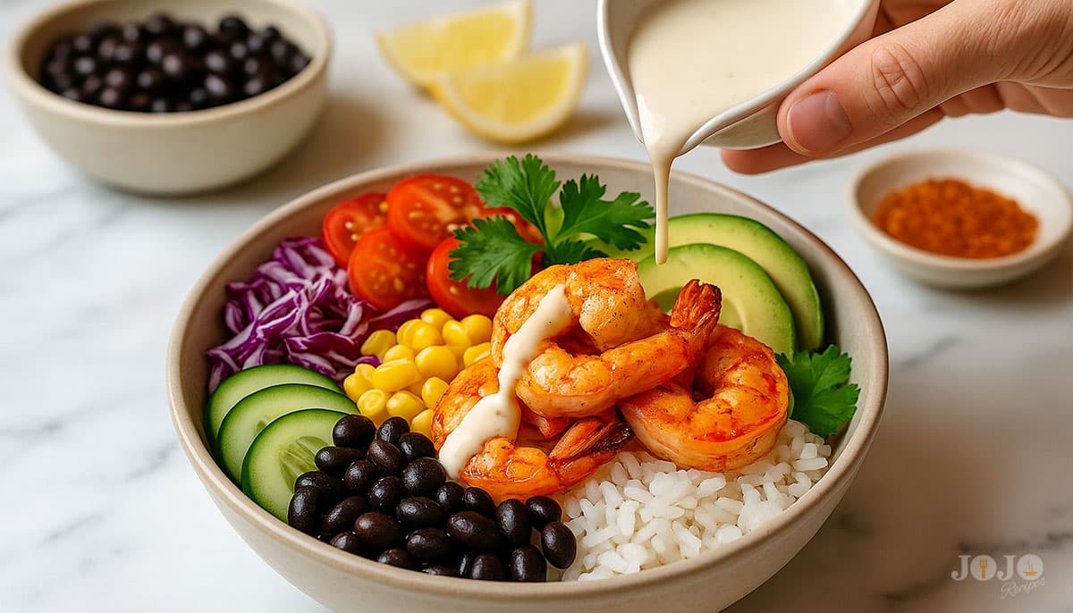 Assembling a shrimp bowl with blackened shrimp, rice, avocado, beans, corn, and sauce