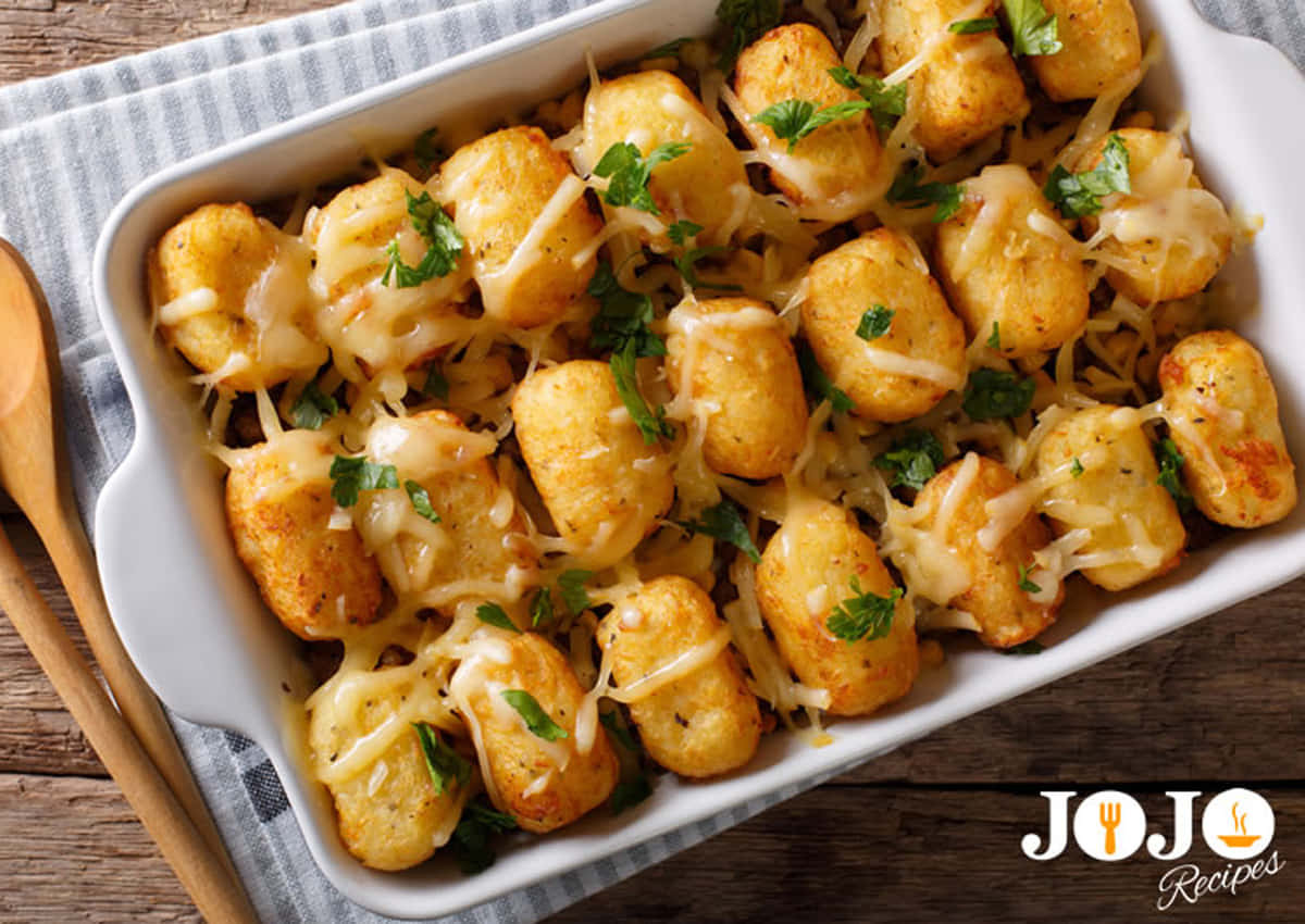 Midwest-style Tater Tot Casserole recipe with crispy tater tots and melted cheddar cheese