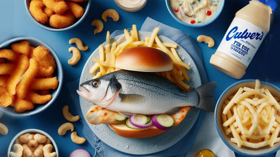 A delectable fish sandwich accompanied by fries, chips, and assorted food items from Culver's Fish Menu.