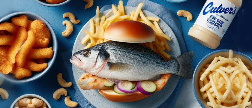 Fish sandwich with fries, chips, and more. A delectable meal from Culver's Fish Menu, featuring fresh ingredients.